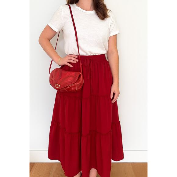 Tiered Drawstring Boho Peasant Maxi Skirt Deep Red Burgundy | Large - Picture 2 of 6